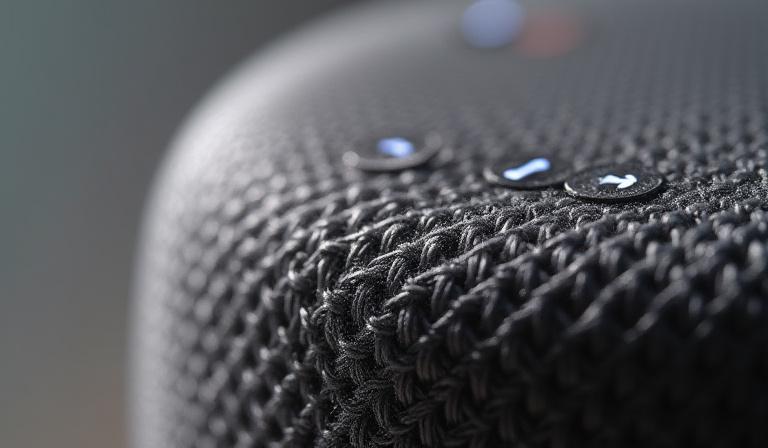 Detailed shot of the AURA speaker's fabric grill and touch controls.