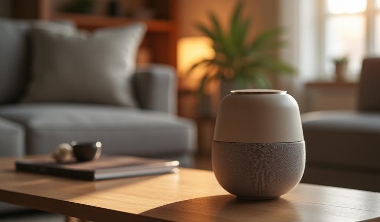 Lifestyle shot of the AURA speaker in a modern living room.