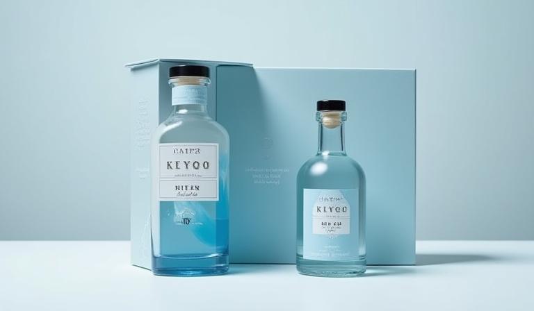 The gin bottle presented in its custom gift box.