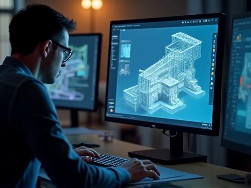A designer working on a complex 3D model on a computer screen.