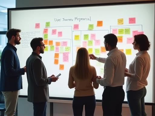 A team collaborating around a whiteboard covered in sticky notes and user journey maps.