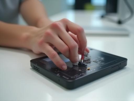 A person interacting with a physical prototype of a handheld device.