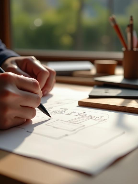 A close-up shot of a designer's hands sketching on paper, next to wood and metal material samples.